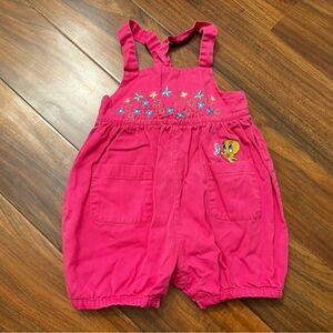 Looney Tunes Tweety Bird vintage hot pink embroidered overall shorts
